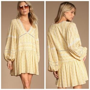 NWOT Lulus Era of Style Yellow Floral Print Long Sleeve Babydoll Mini Dress M